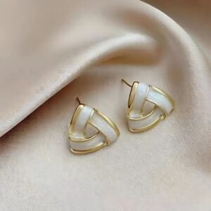 Korean Triangle Shape White & Golden Stud Earrings