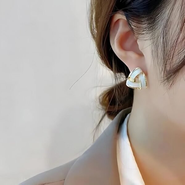 Korean Triangle Shape White & Golden Stud Earrings