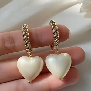 Pearl Heart Drop Gold Hoop Earrings