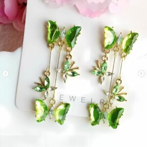 Stylish Green Rhinestone Butterfly Drop Earrings