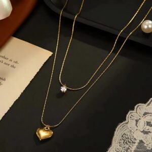 Crystal Heart Double Layered Necklace | Anti-tarnish | Stainless Steel