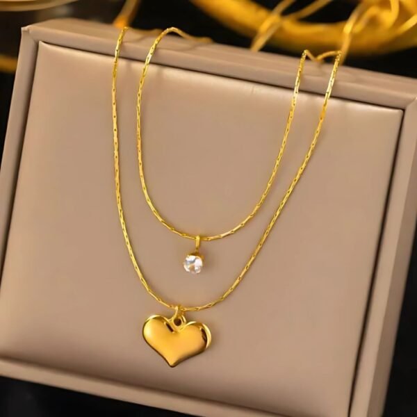 Crystal Heart Double Layered Necklace | Anti-tarnish | Stainless Steel