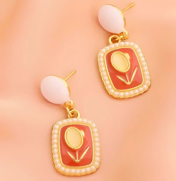 Orange Faux Pearl Tulip Opal Drop Earrings