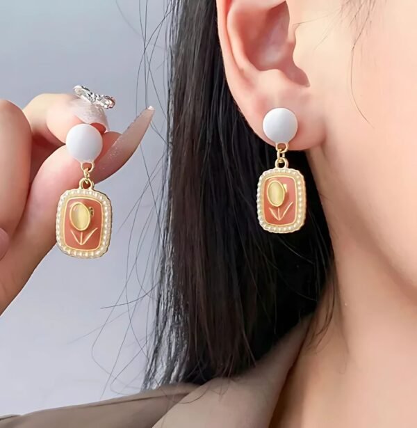 Orange Faux Pearl Tulip Opal Drop Earrings