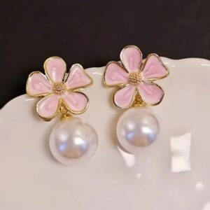 Pink Enamel Petal Flower Earrings